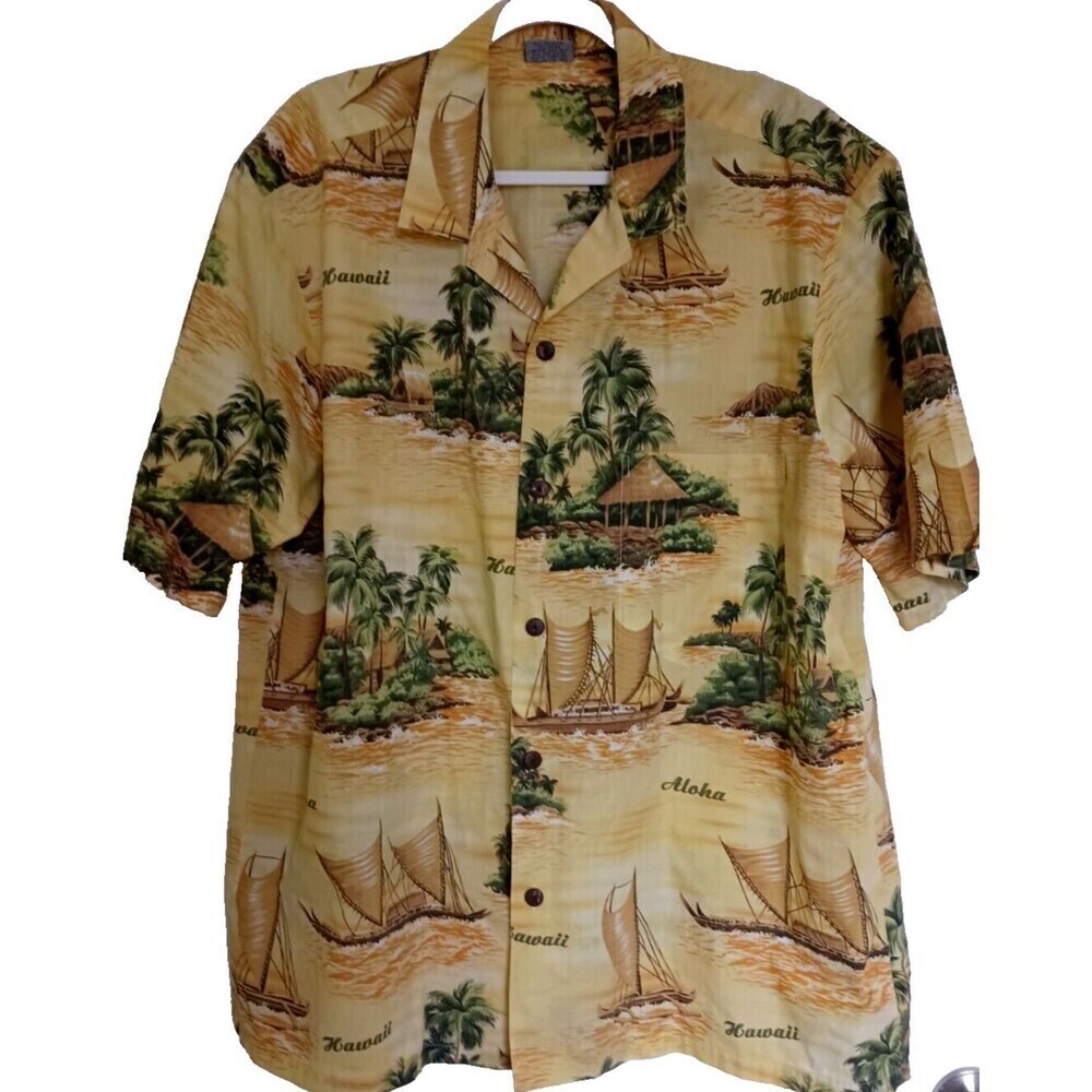 Royal Creations Mens Hawaiian Floral Button Front Aloha Shirt Yellow Size 2XL